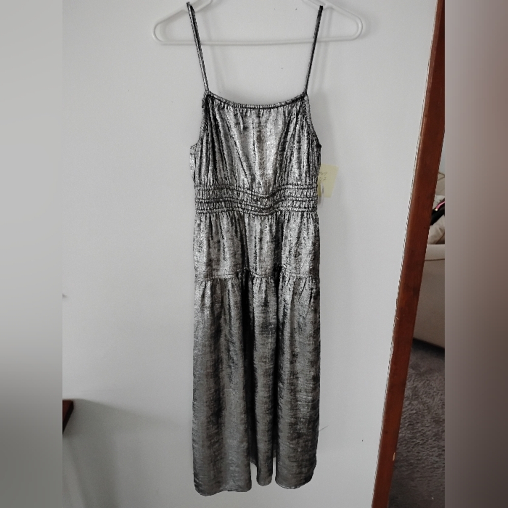 NWT Old Navy Defined Waist Silver Metallic Midi Dress Size Small